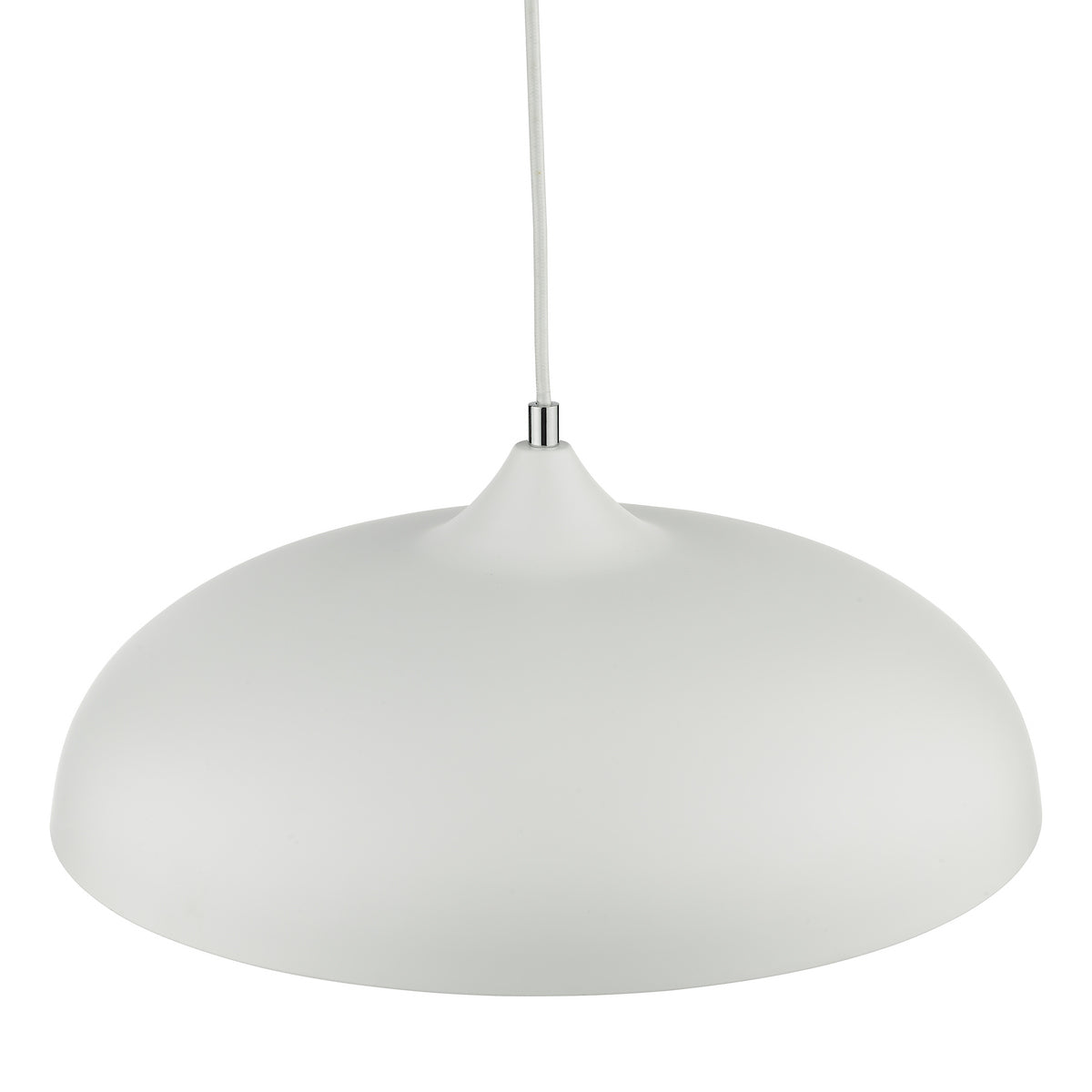 White dome-shaped pendant light with a thin white cord.