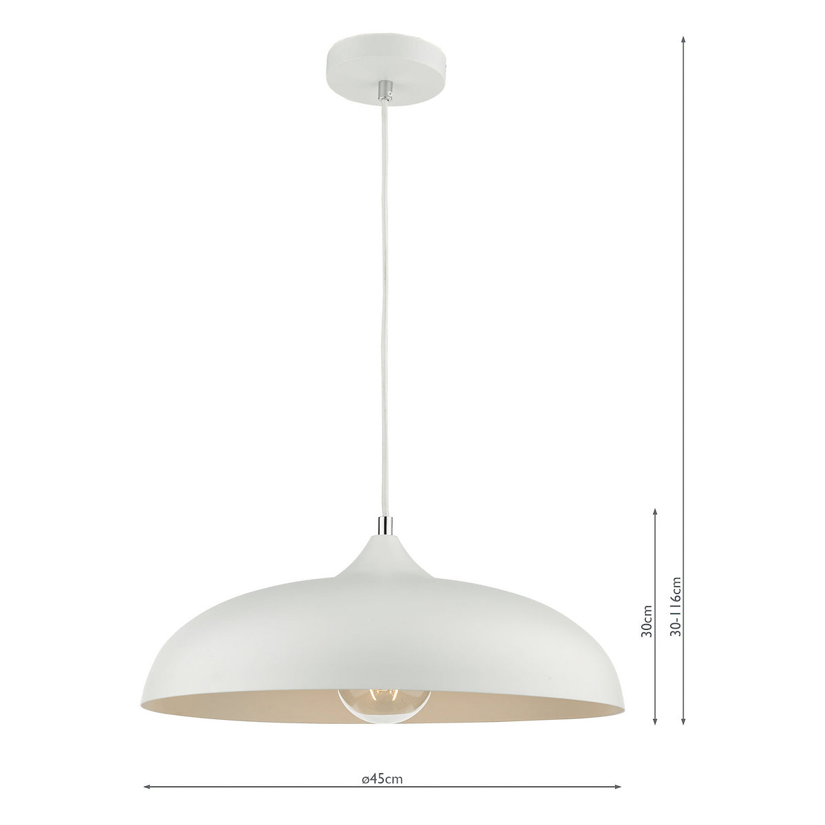 White pendant light with a wide, shallow dome shade and exposed bulb. It has a white cord and ceiling rose.