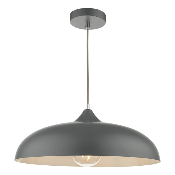 Gray pendant light with a wide, dome-shaped shade and an exposed bulb.