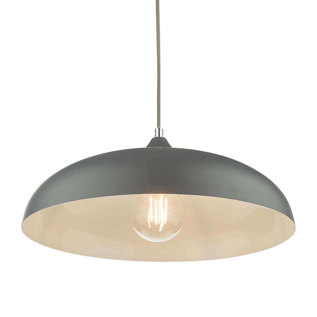 A gray dome pendant light with a cream interior and an exposed filament bulb.