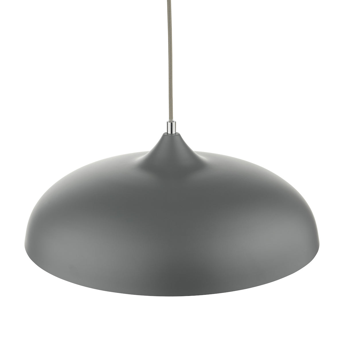 Gray dome-shaped pendant light with a fabric-covered cord on a white background.