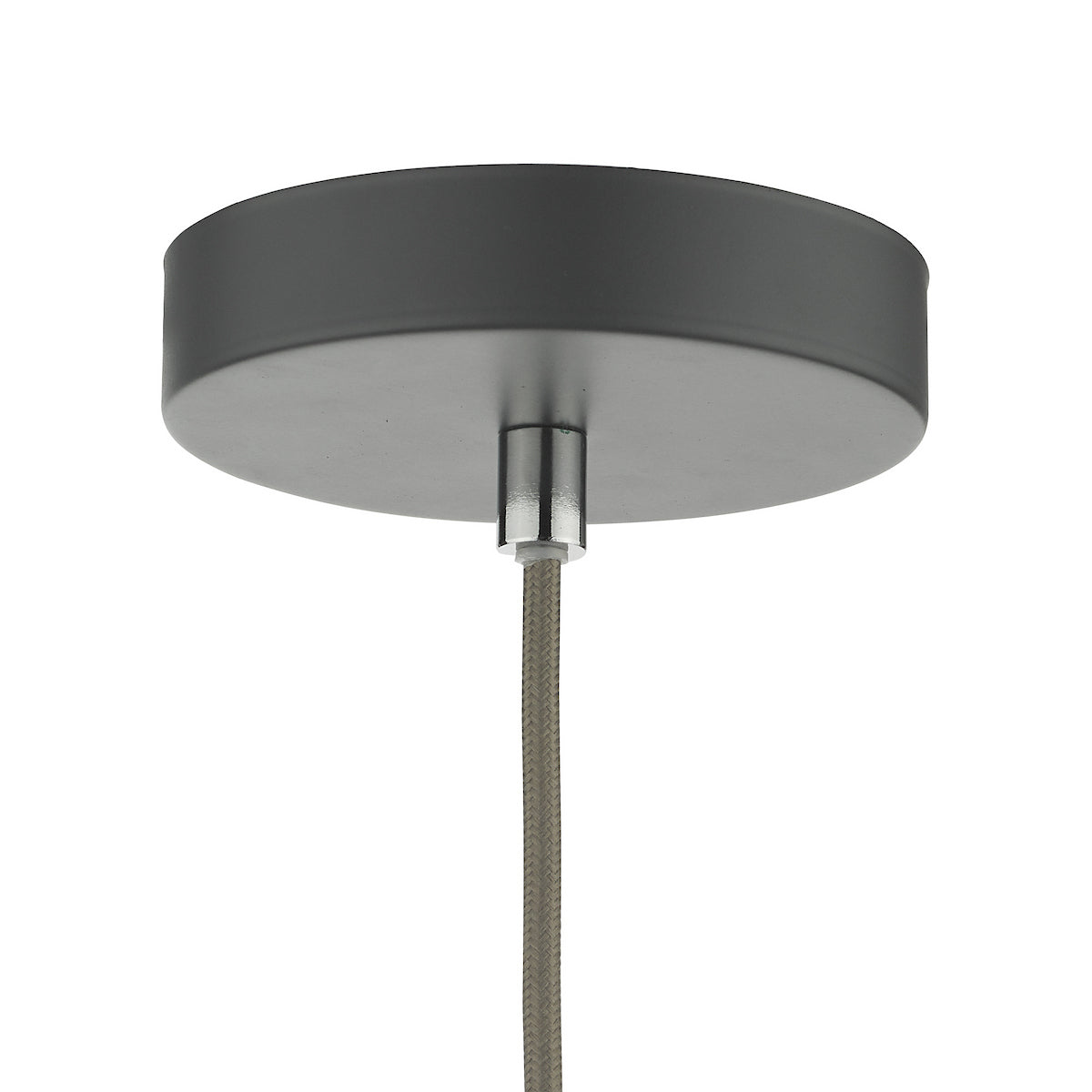 Close-up of a ceiling rose in a dark gray finish with a braided cable.