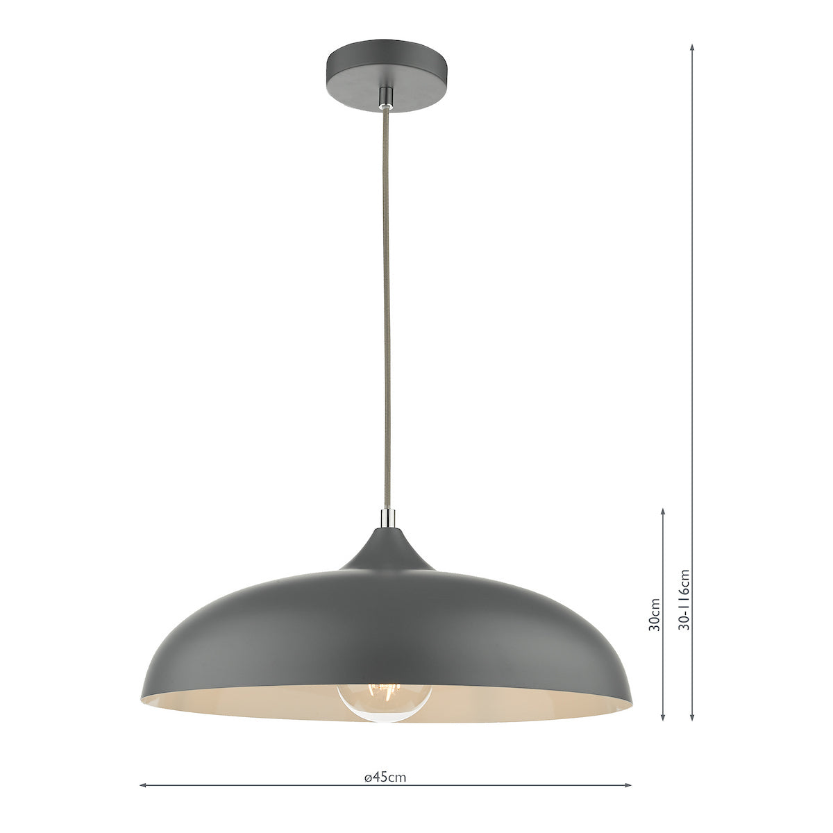 Dark gray pendant light with a wide, dome-shaped shade and a visible light bulb, showing dimensions.