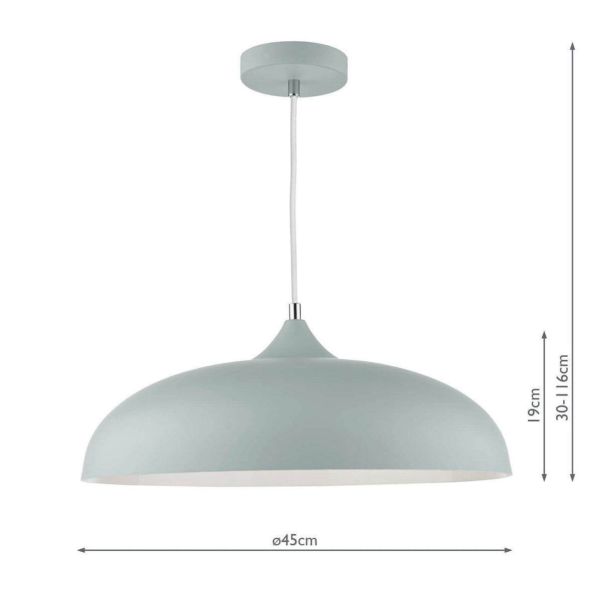 Light blue pendant lamp with a dome-shaped shade and white interior, showing dimensions.