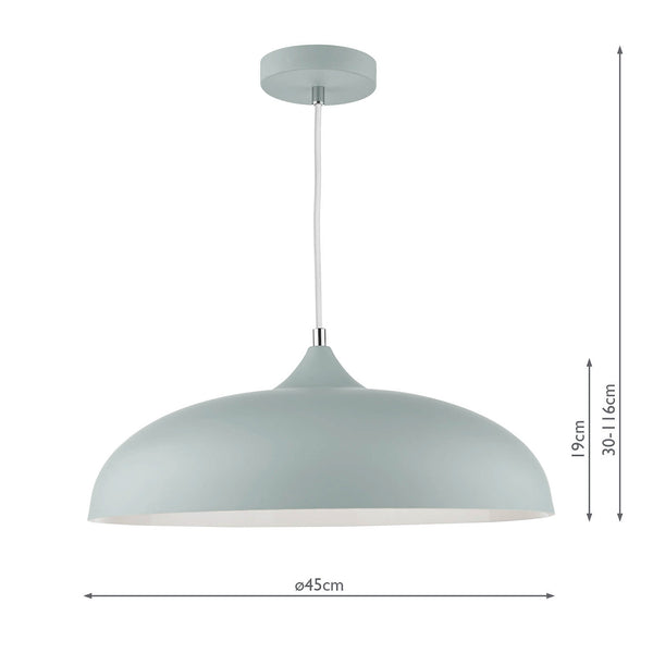 Light blue pendant lamp with a dome-shaped shade and white interior, showing dimensions.
