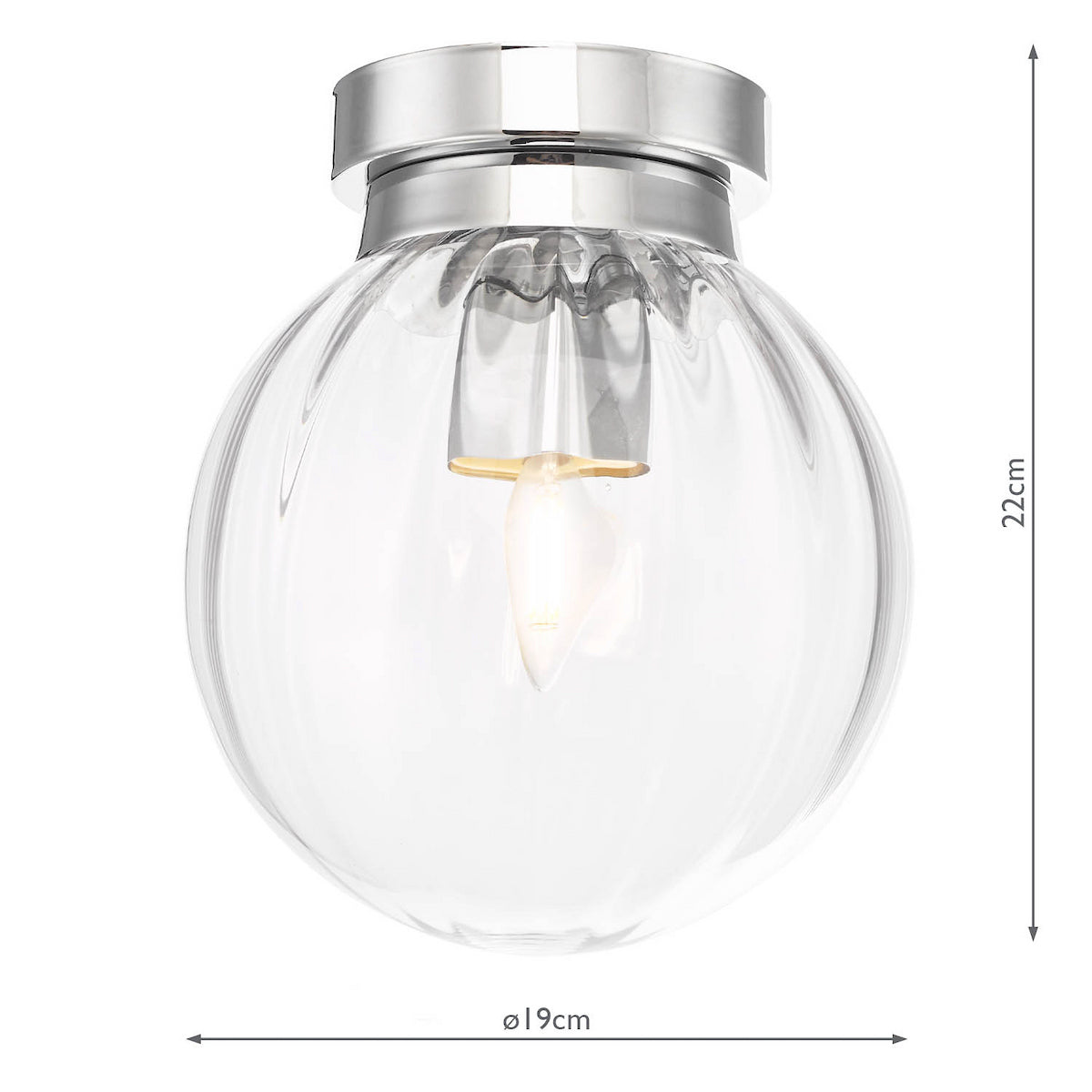 Clear glass globe ceiling light with chrome base and exposed bulb, 22cm high, 19cm diameter.