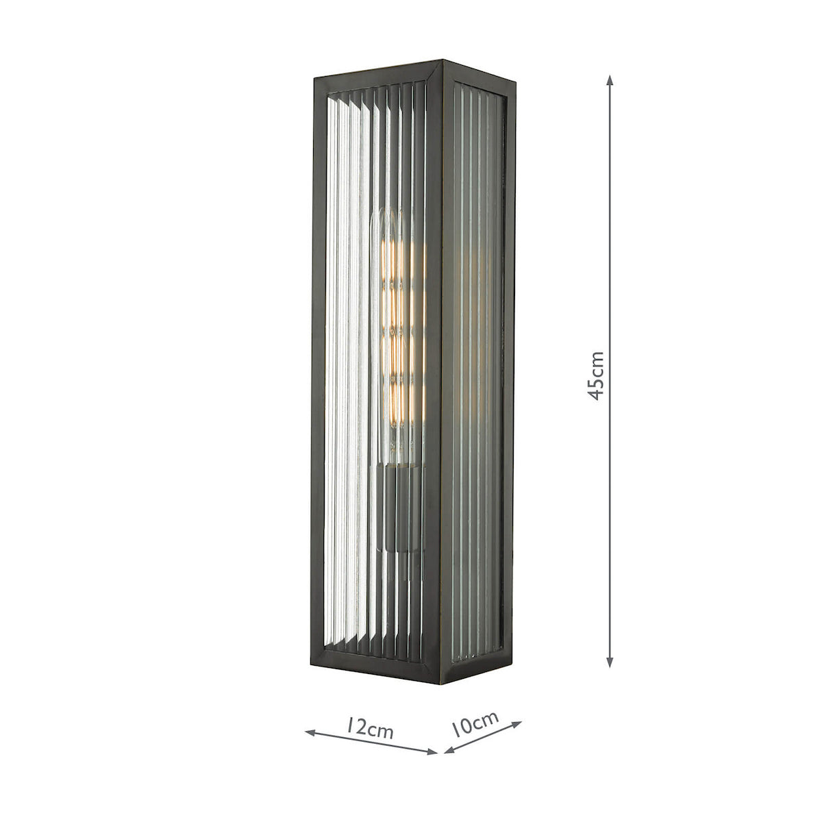Black rectangular outdoor wall light with ribbed glass and exposed bulb, dimensions 45x12x10cm