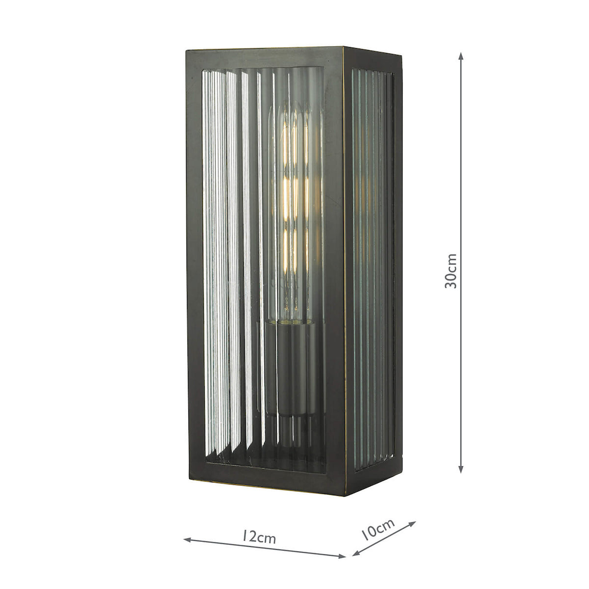 Rectangular outdoor wall light with fluted glass and a single bulb, dimensions 30cm H x 12cm W x 10cm D