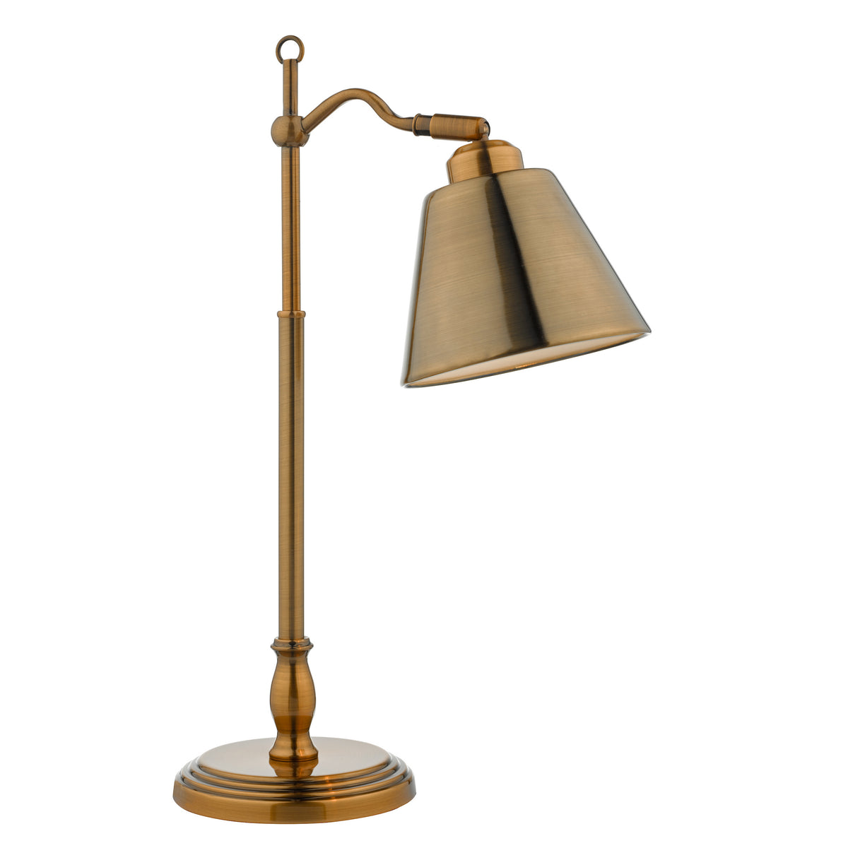 Antique brass desk lamp with a conical shade and a curved arm