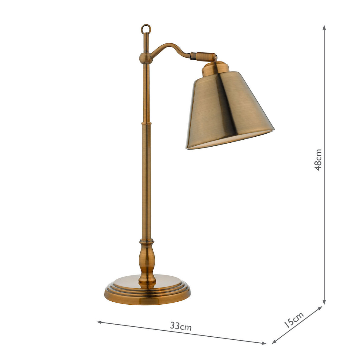 Adjustable antique brass desk lamp with a conical shade and round base, showing dimensions