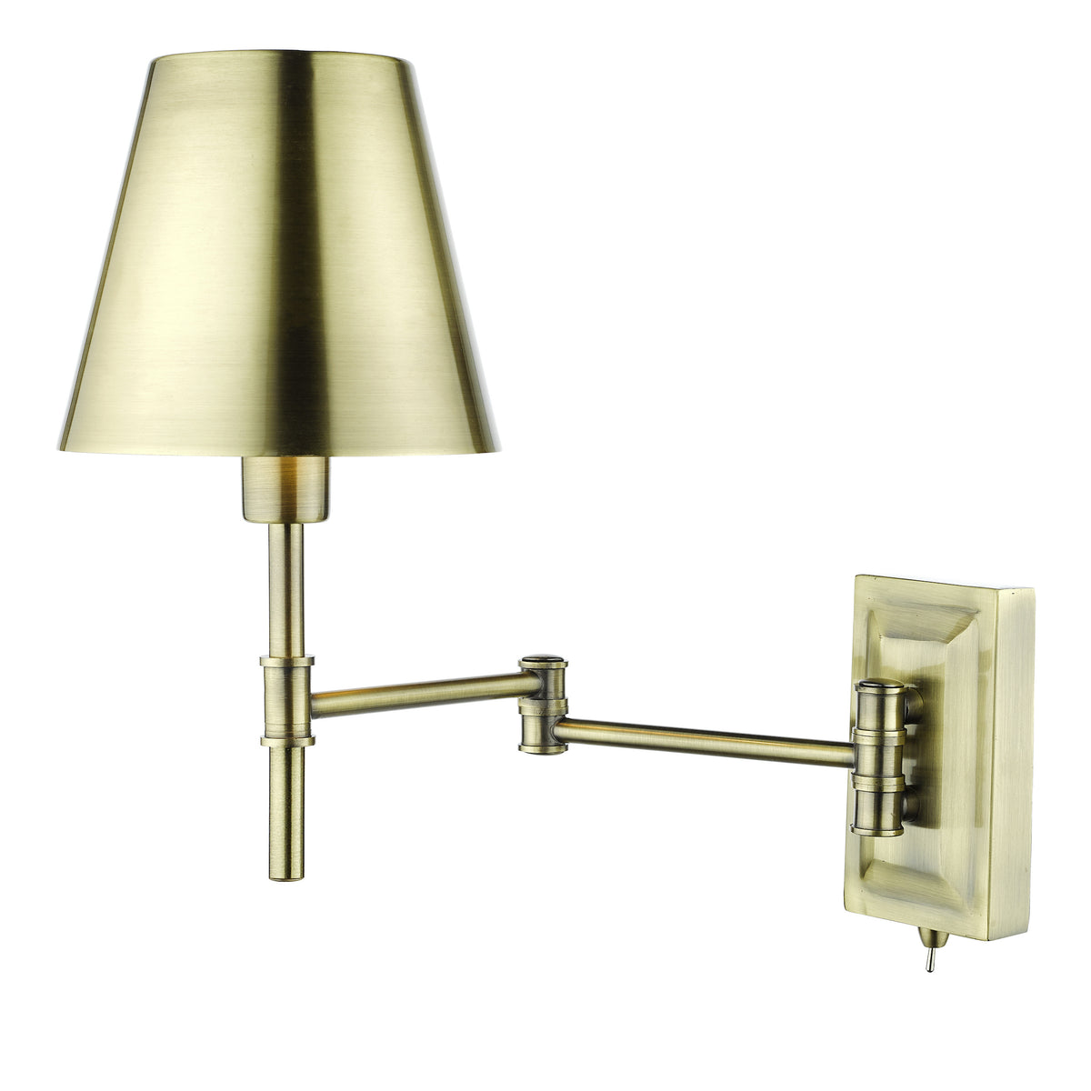 Brass swing arm wall lamp with a conical shade