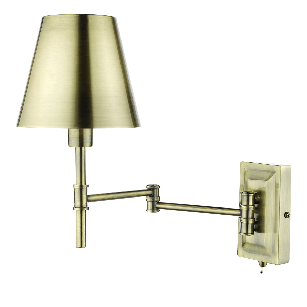 Brass swing arm wall lamp with a conical shade