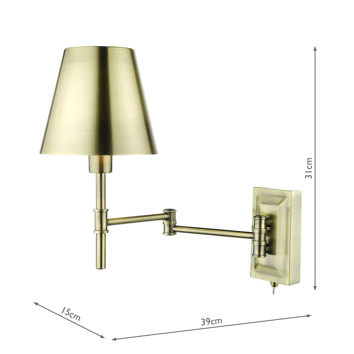 Brass swing arm wall lamp with a conical shade and dimensions of 31cm, 15cm, and 39cm