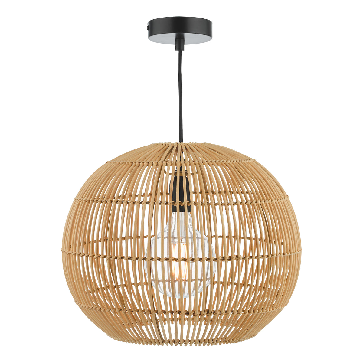Round rattan pendant light with a single exposed bulb