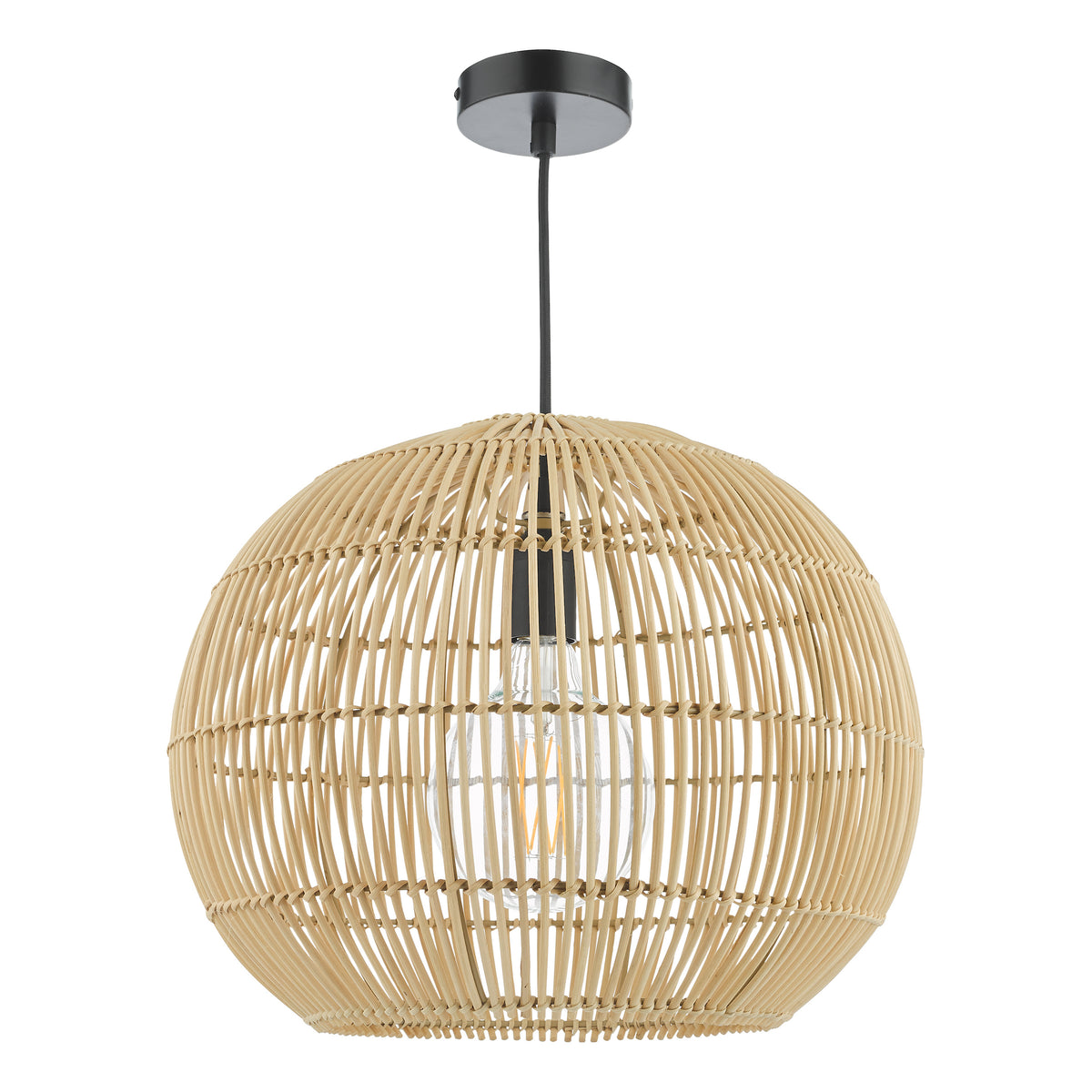 Round rattan pendant light with a black ceiling rose and a visible clear bulb
