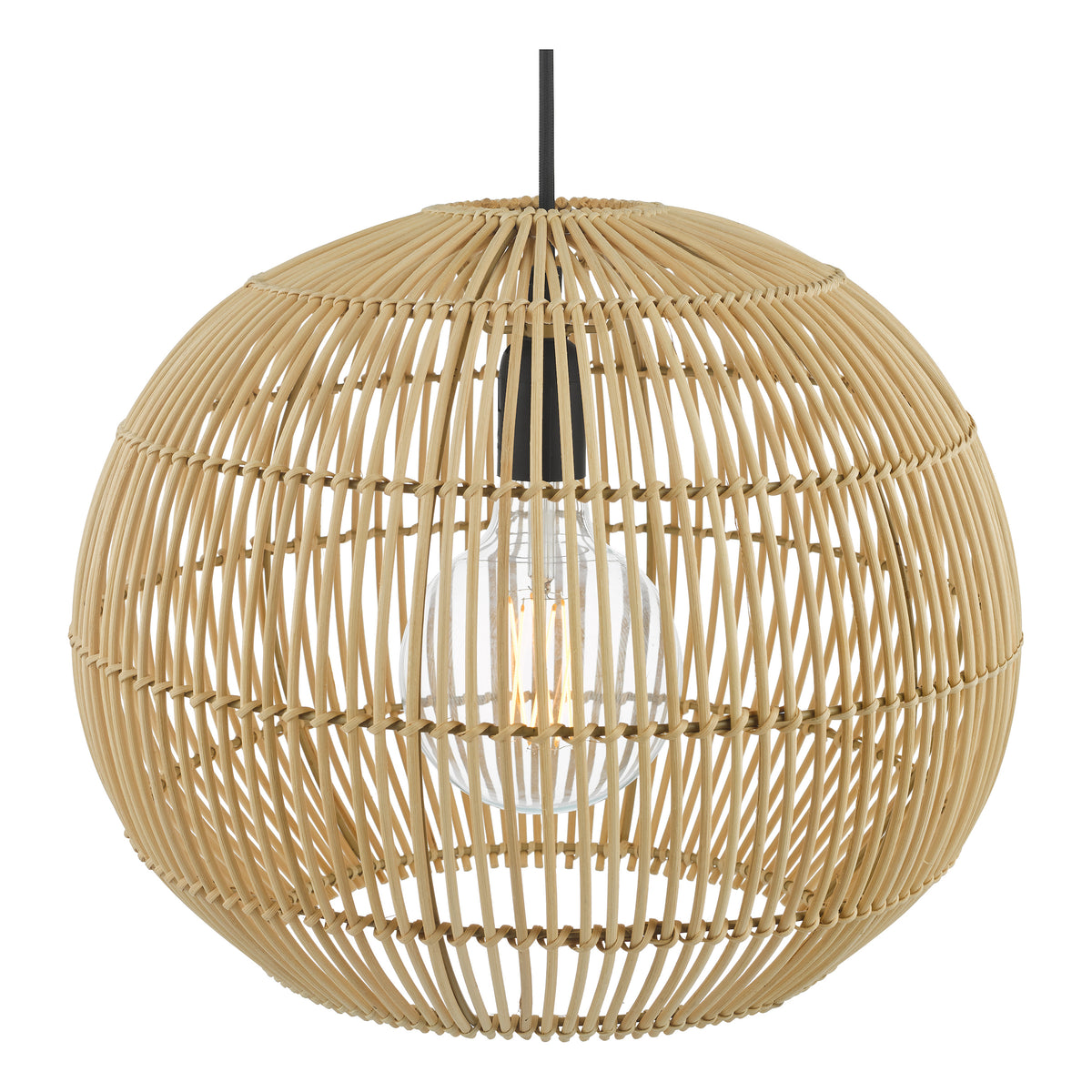 Round rattan pendant light with a visible bulb glowing inside