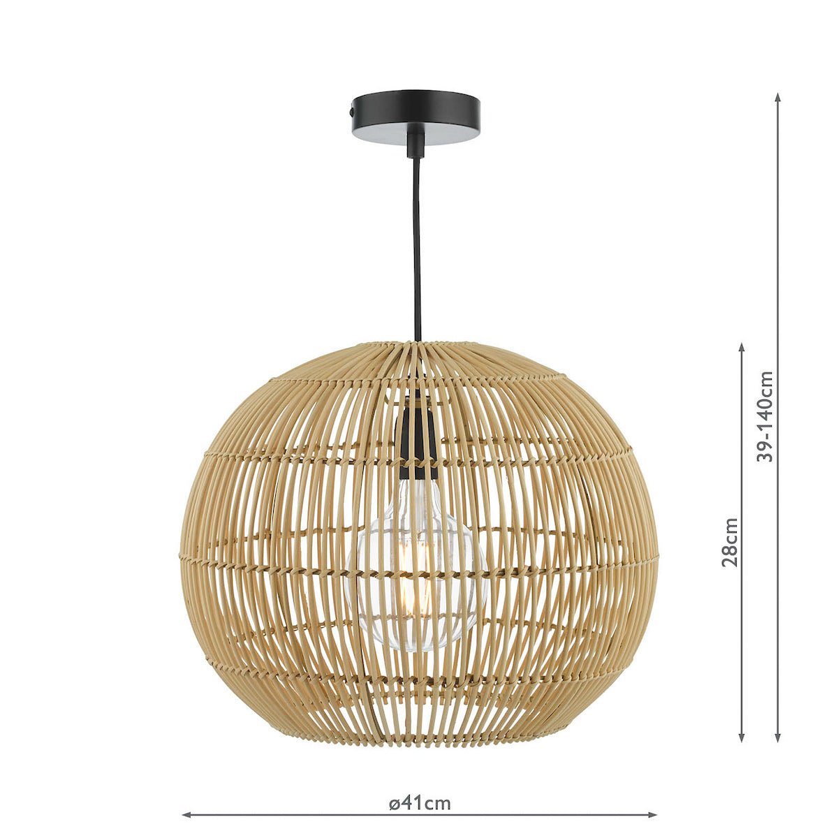 Round rattan pendant light with a black ceiling rose and cable, showing dimensions