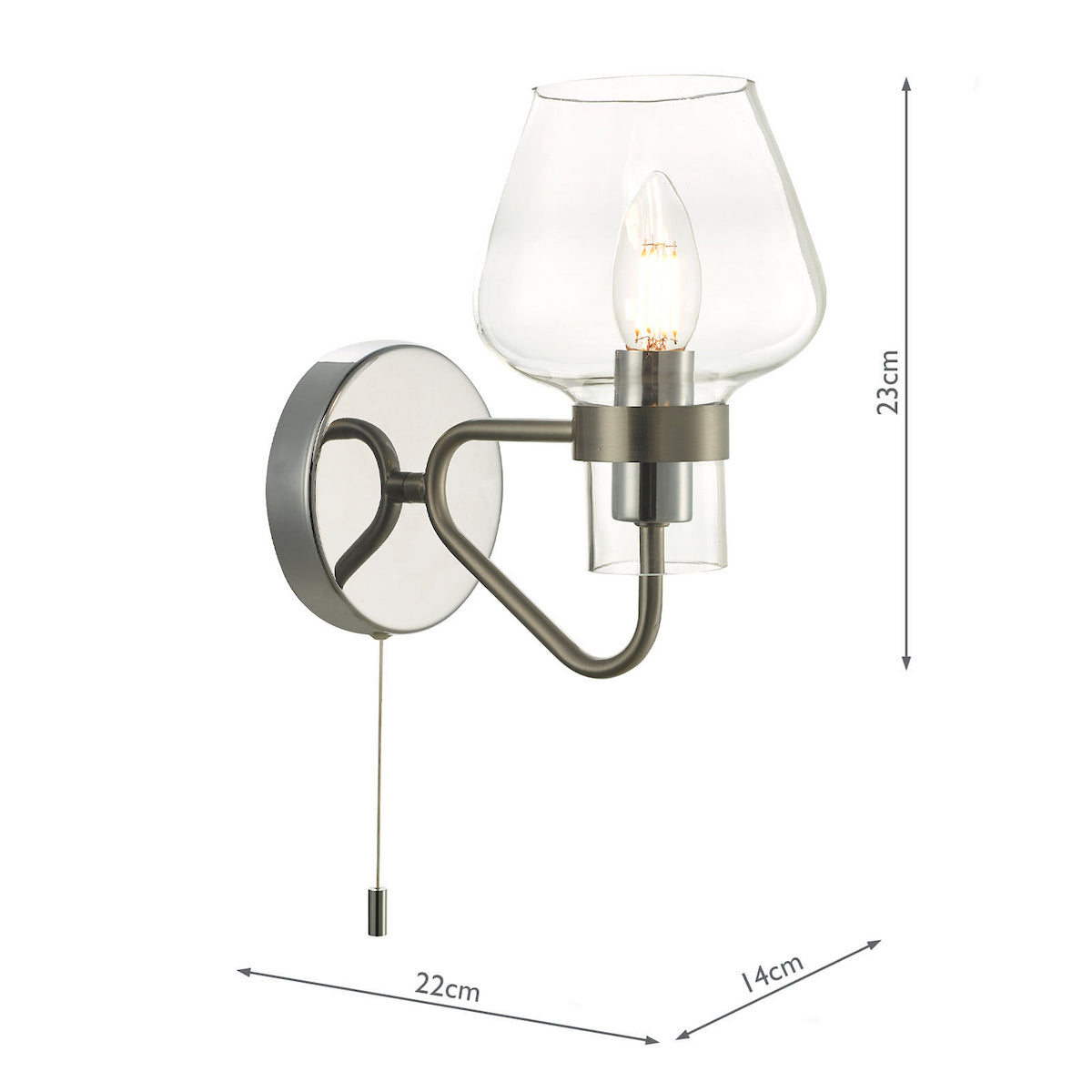 Brushed chrome wall light with clear glass shade and pull cord switch, dimensions shown.