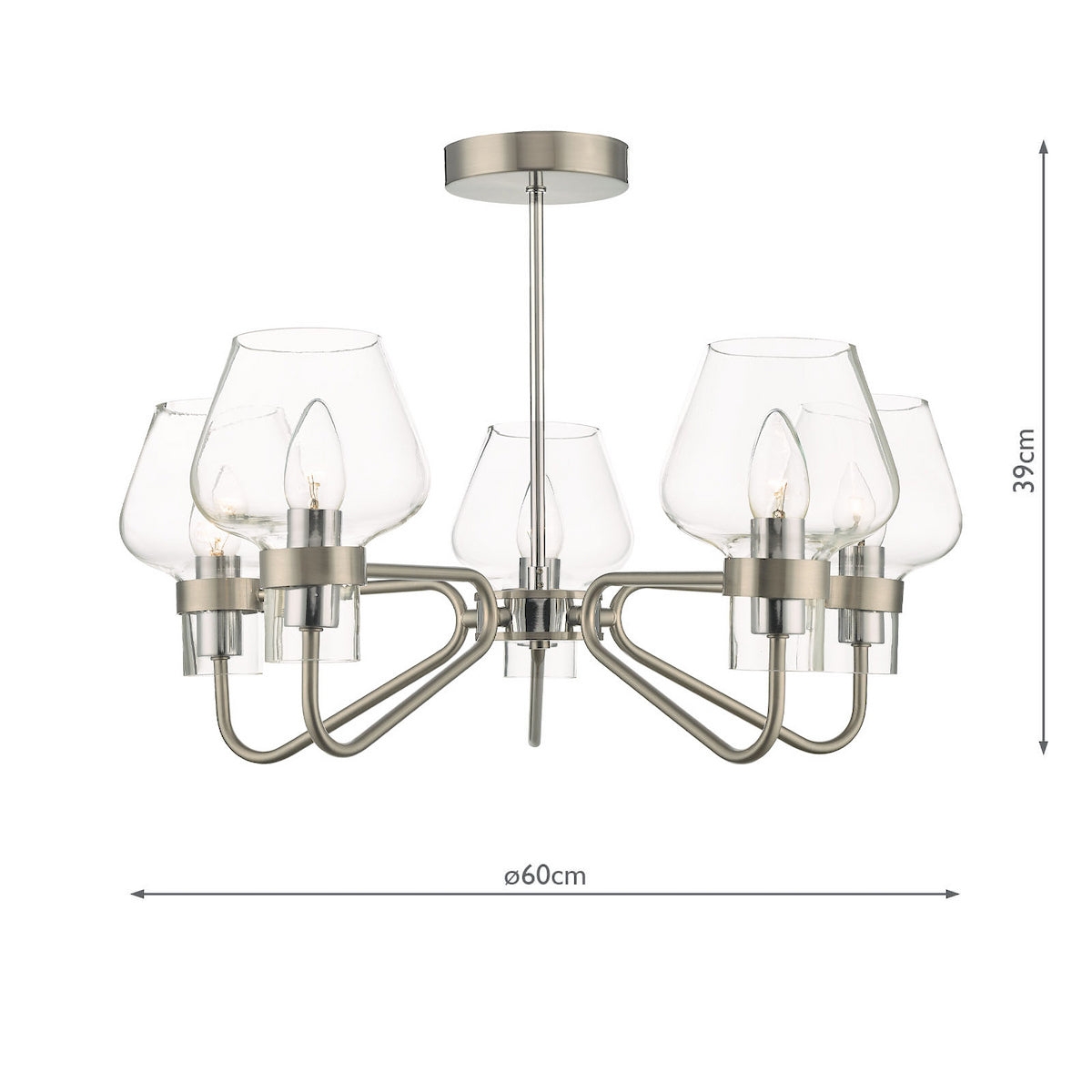 Brushed chrome chandelier with five clear glass shades and exposed bulbs, showing 39cm height and 60cm diameter.