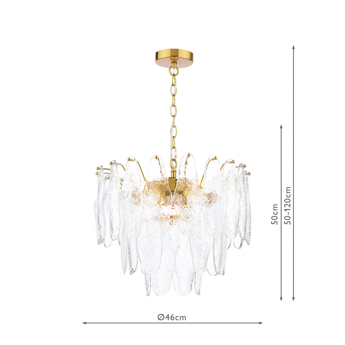 Gold chandelier with textured glass petals, 46cm diameter, adjustable height 50-120cm