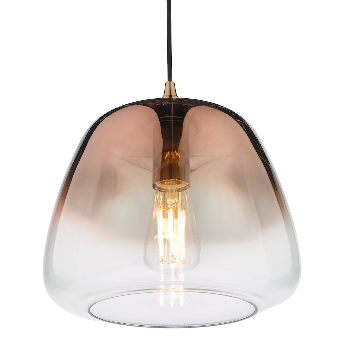 A modern pendant light with a clear and rose gold ombre glass shade, featuring an exposed filament bulb.