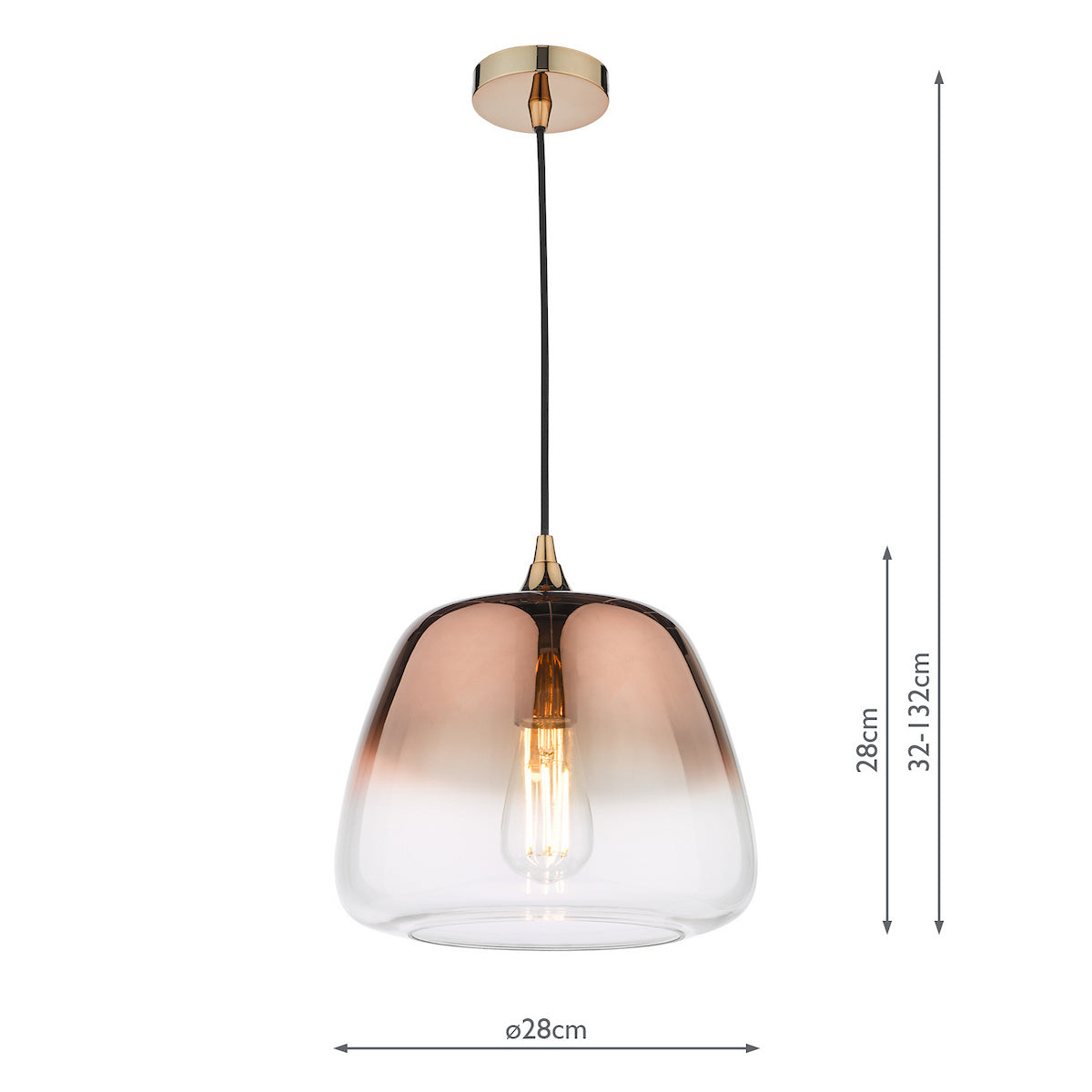 A pendant light with a clear glass shade that fades to a copper color at the top. It has a gold base and a black cord.