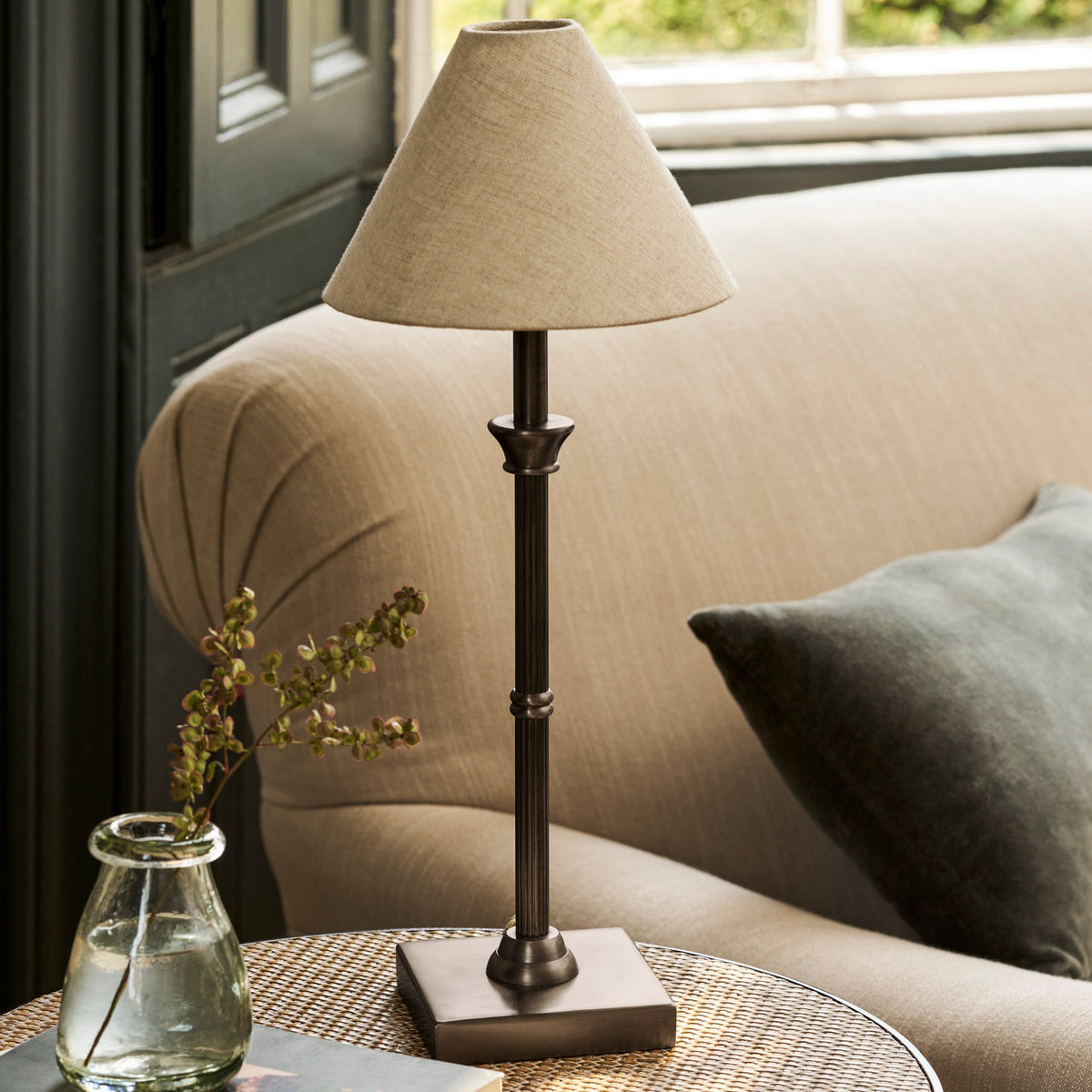 Kelmscot Table Lamp in Antique Bronze With Linen Shade