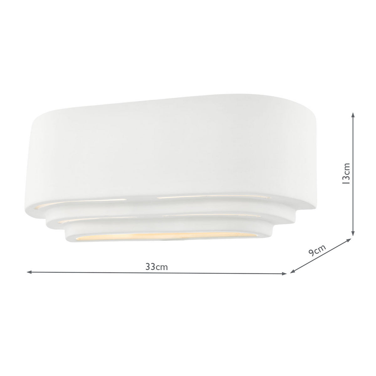 White ceramic wall light with tiered design and warm glow, showing dimensions of 33cm length, 13cm height, and 9cm depth.