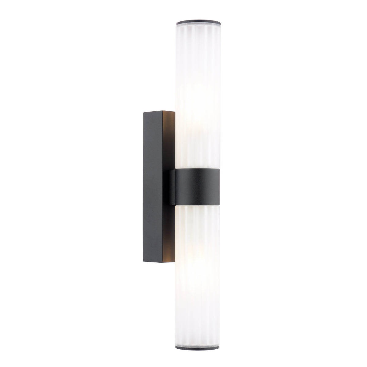 Black wall sconce with two vertical frosted glass cylinders