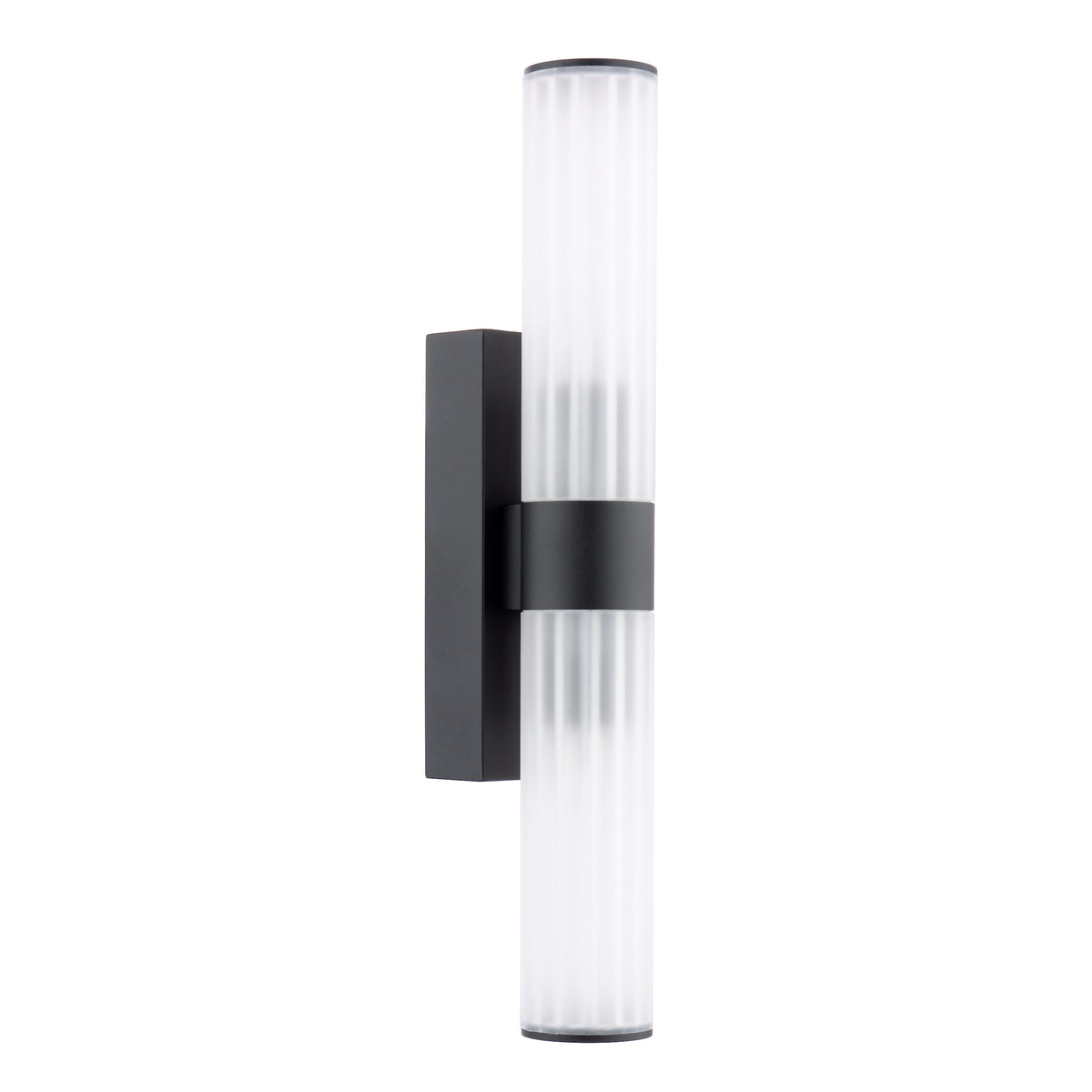 Black wall light with two vertical frosted glass cylinders and a black band in the middle