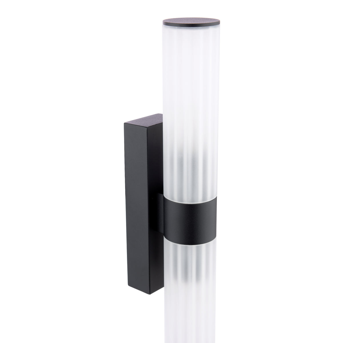 Black outdoor wall light with a cylindrical frosted glass shade