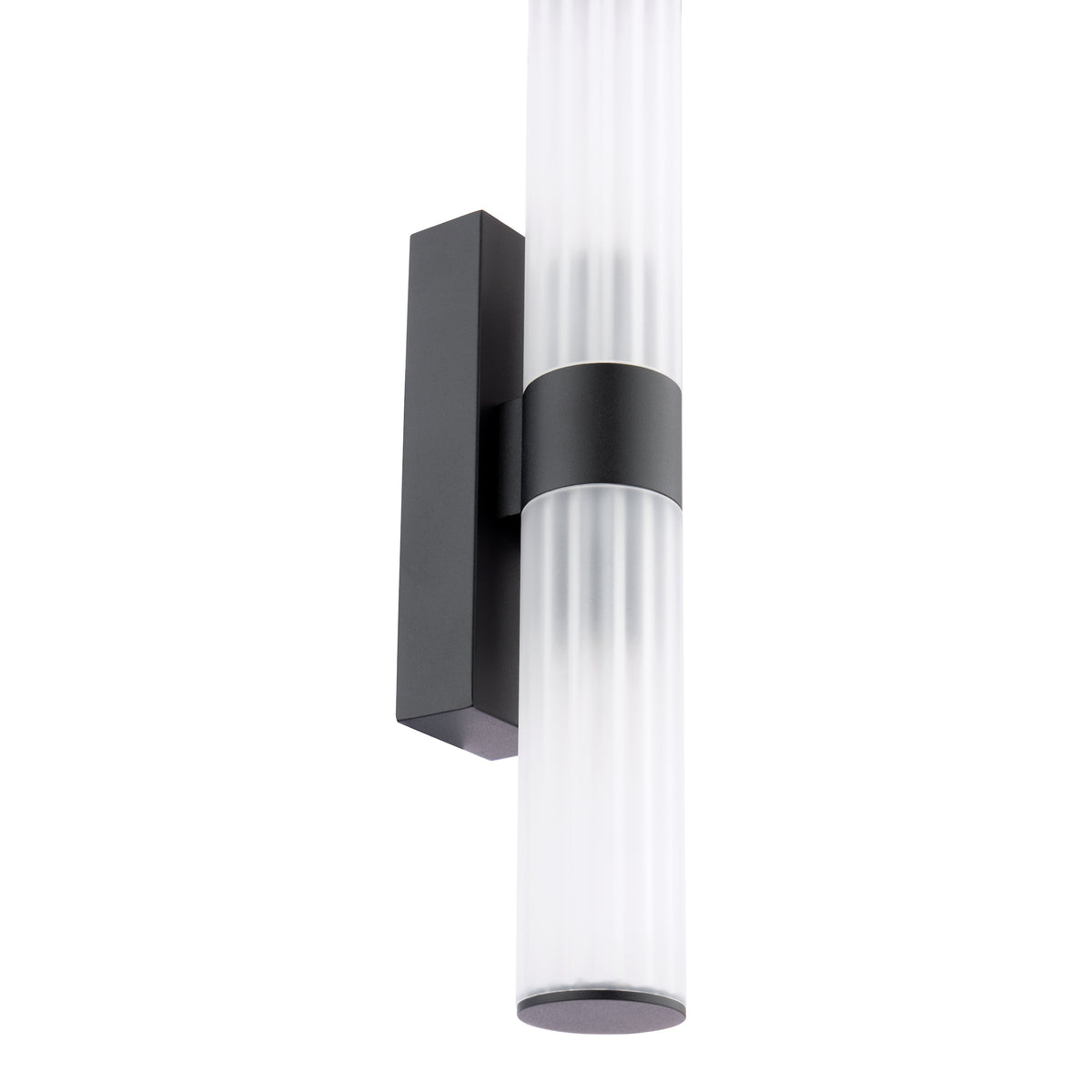 Black wall sconce with two frosted glass cylindrical shades