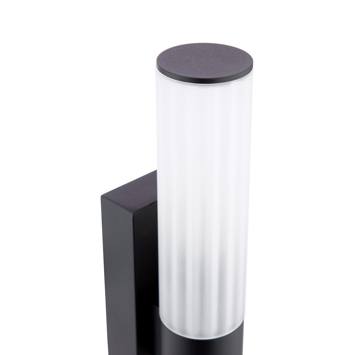 Black outdoor wall light with a cylindrical frosted glass shade