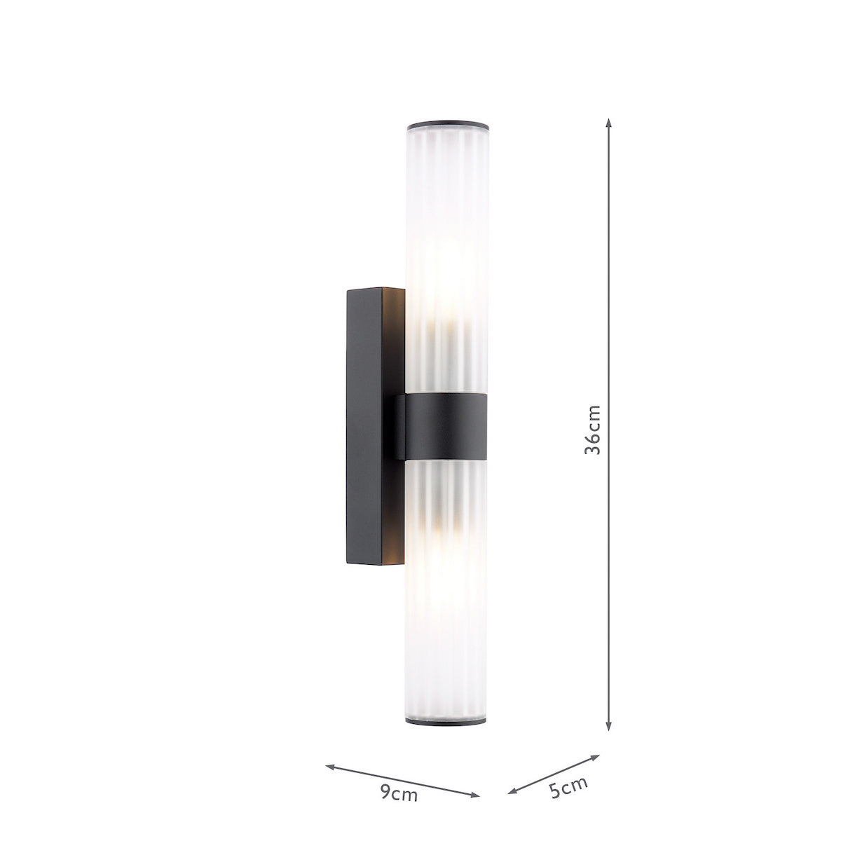 Black wall light with two ribbed glass cylinders, 36cm high, 9cm wide, and 5cm deep
