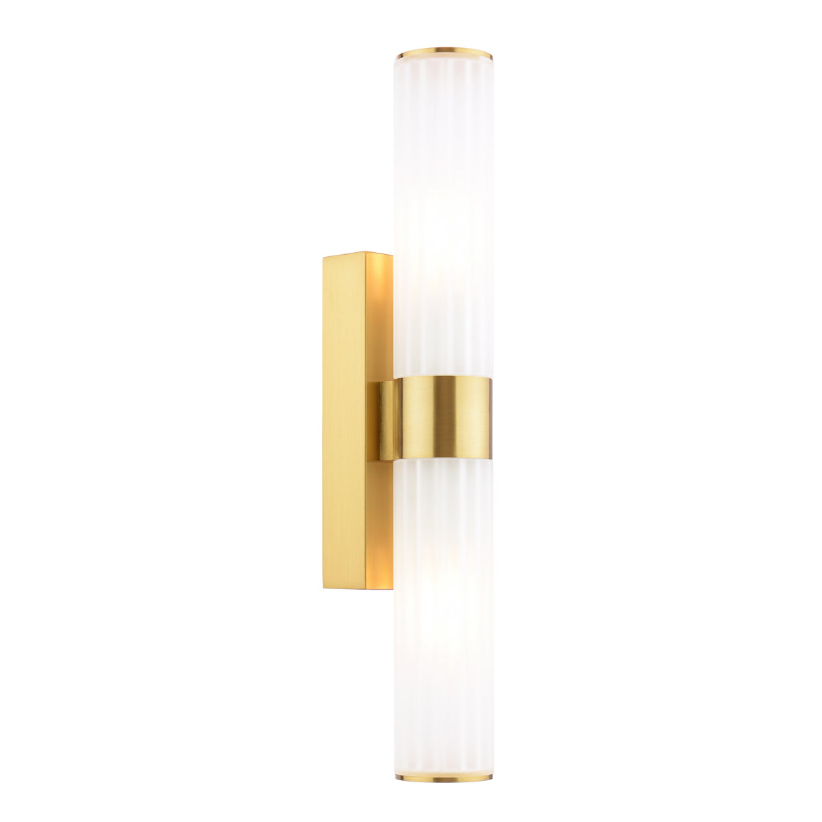 Vertical brass wall sconce with two ribbed glass cylinders emitting light