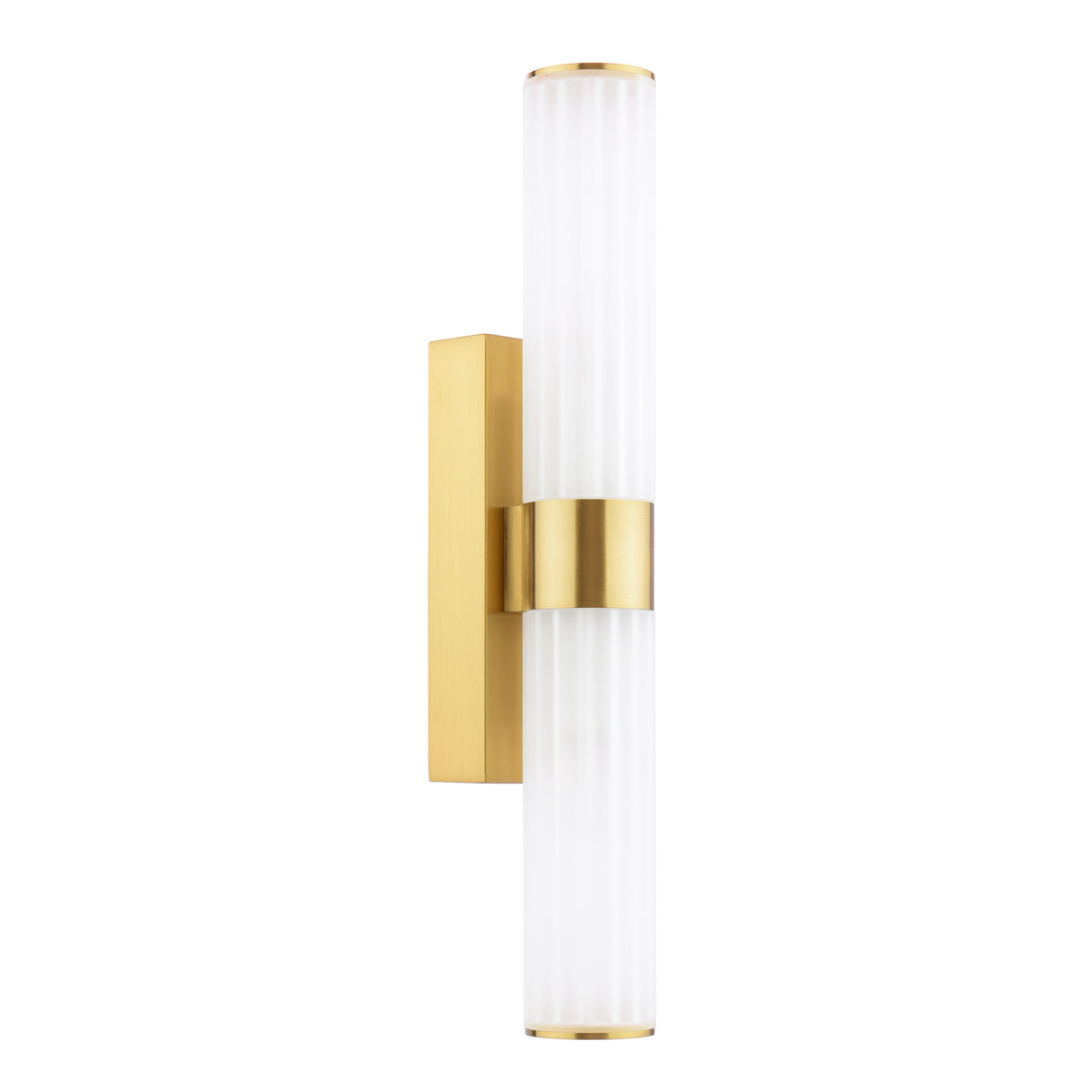Vertical brass and white fluted glass wall sconce