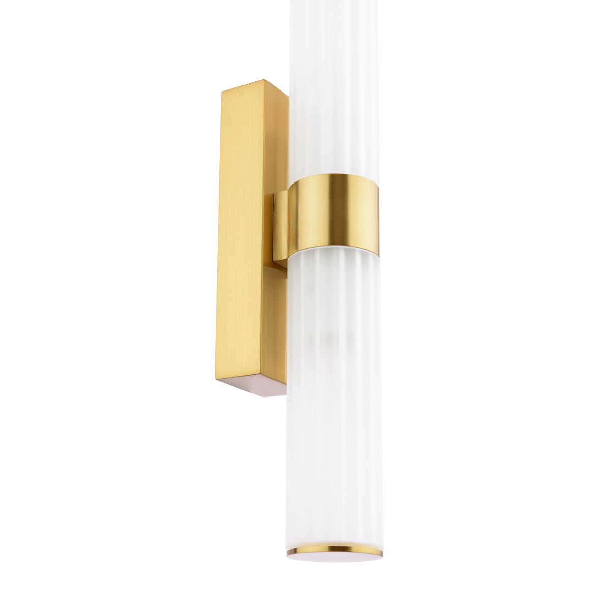 Gold wall sconce with a ribbed white glass shade