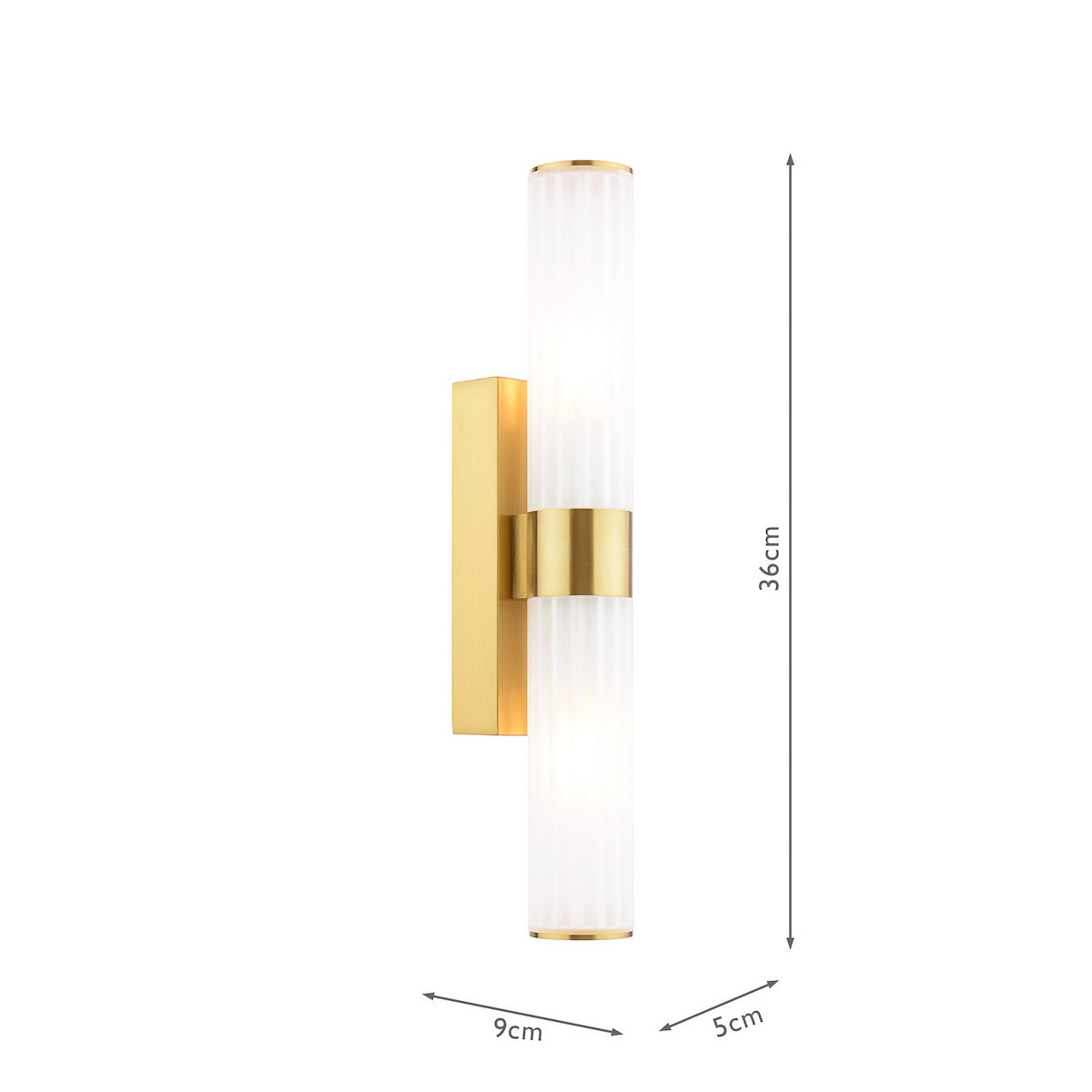 Gold wall light with two ribbed glass cylinders and dimensions 36cm high, 9cm wide, 5cm deep