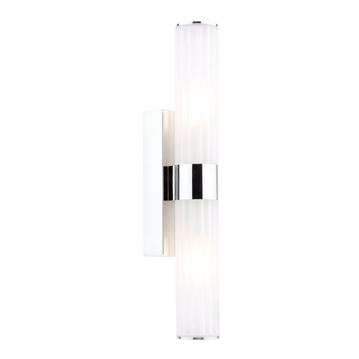 Chrome wall sconce with two ribbed cylindrical frosted glass shades