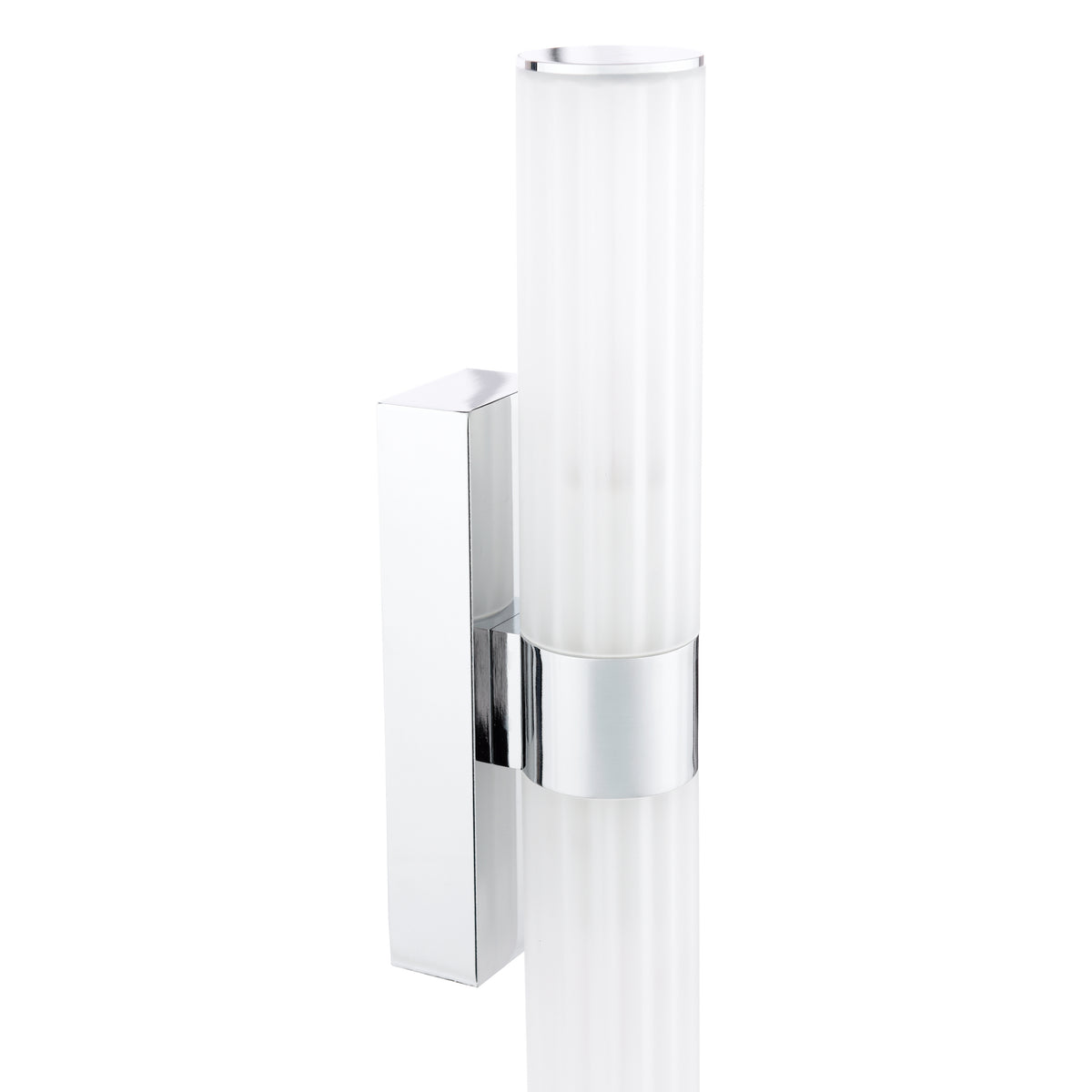 Chrome wall sconce with a ribbed, frosted glass cylinder shade