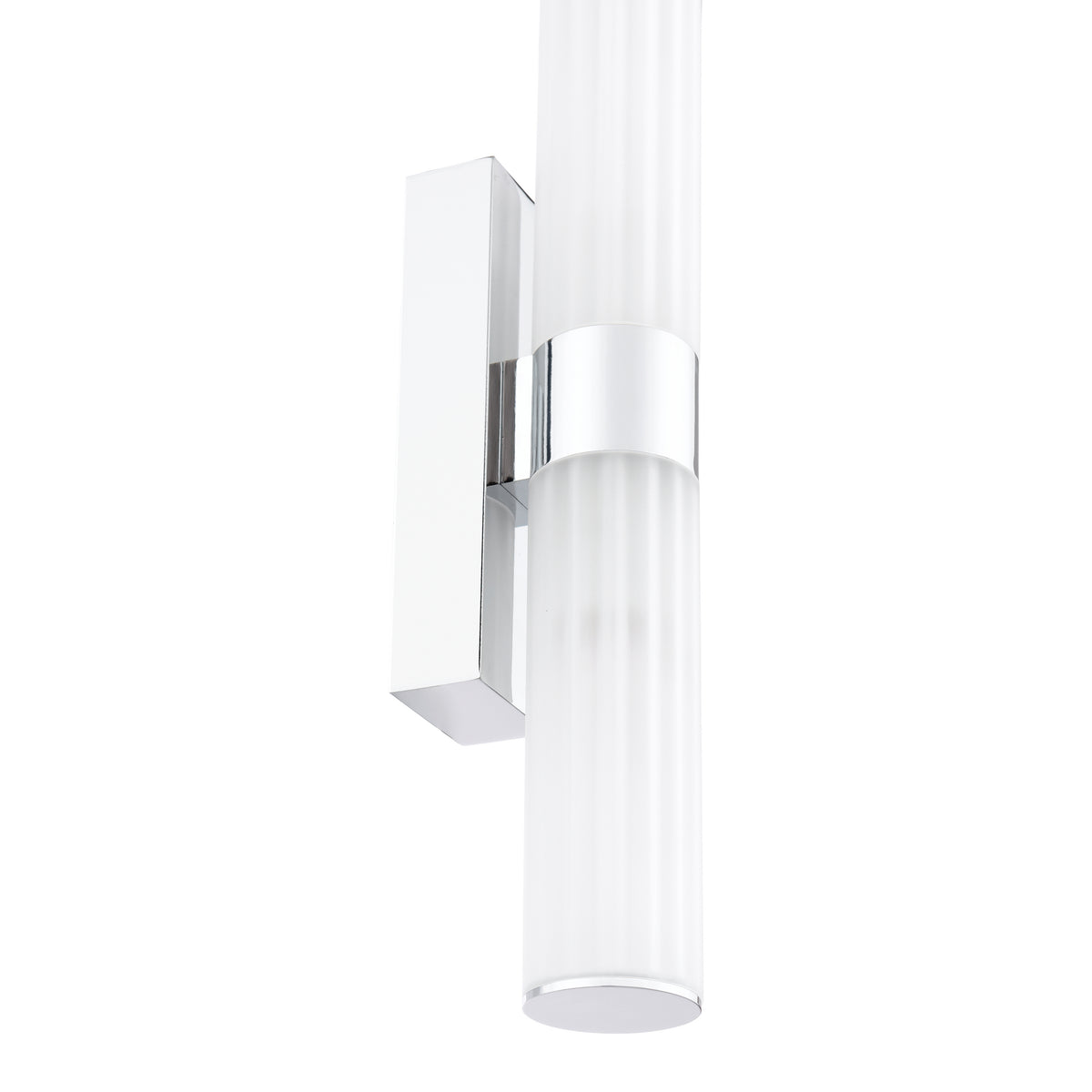 Chrome wall light with two frosted ribbed glass cylinders extending vertically from a rectangular base
