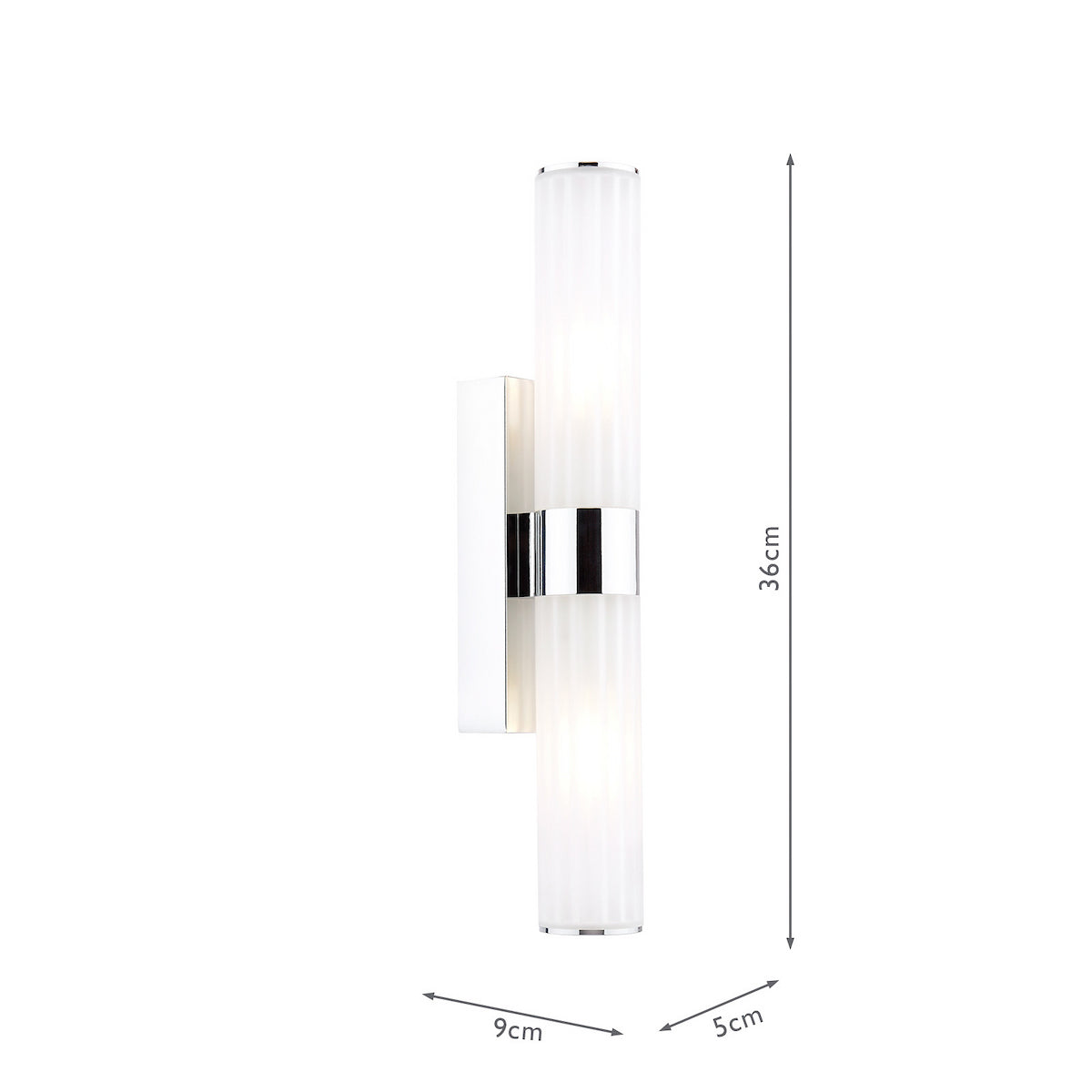 Chrome and white wall light with two cylindrical ribbed glass shades, dimensions 36cm high, 9cm wide, 5cm deep