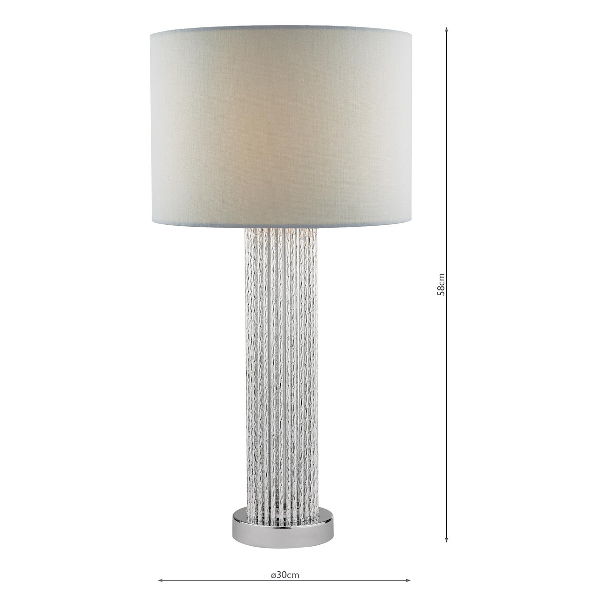 A modern table lamp with a white cylindrical shade and a clear, textured glass base.