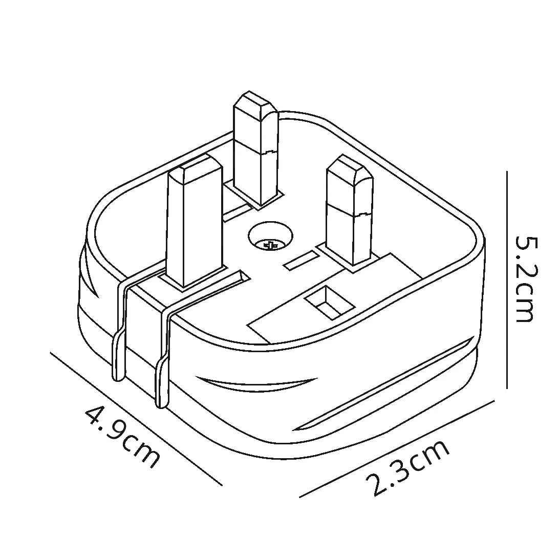 Line drawing of a UK plug adapter with dimensions 5.2cm, 4.9cm, and 2.3cm