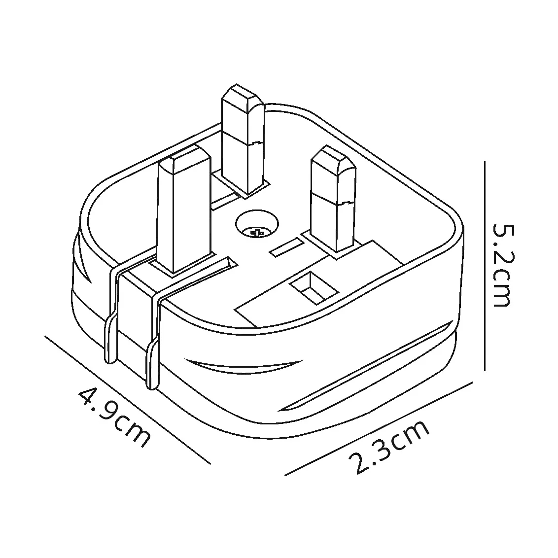 Line drawing of a UK plug adapter with dimensions 5.2cm, 4.9cm, and 2.3cm