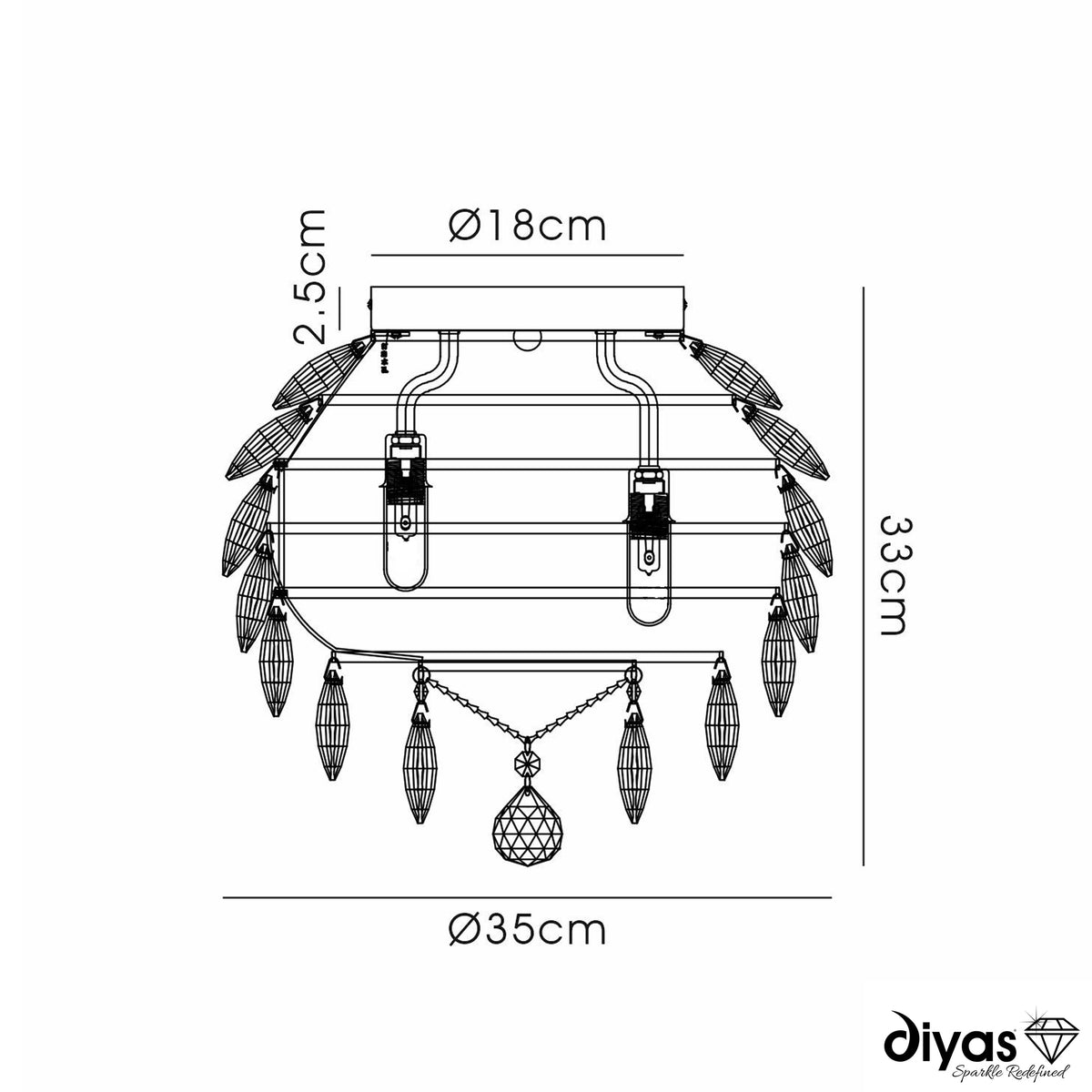 Coniston 5 Light Semi Flush IP44 Bathroom Ceiling Light in Polished Chrome & Clear Crystal