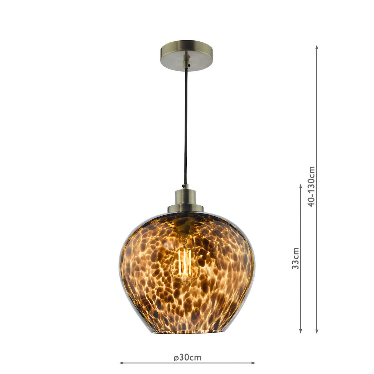 Leopard print glass pendant light with bronze accents and exposed bulb, showing dimensions.