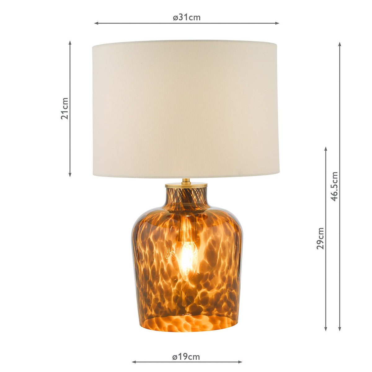 Table lamp with a cream shade and a brown, patterned glass base. Dimensions are shown.