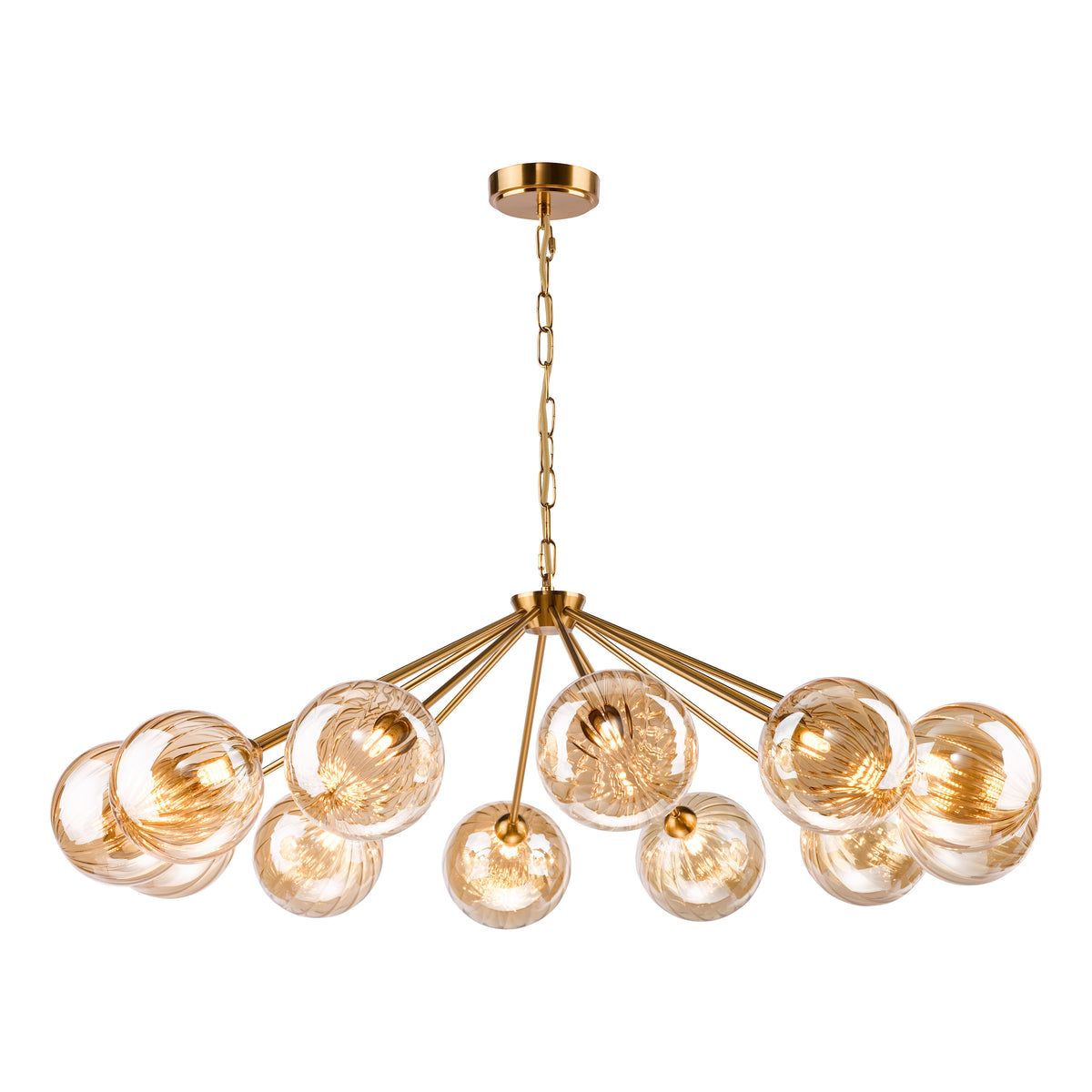 Liora 12 Arm Pendant in Antique Gold with Amber Ribbed Glass Shades