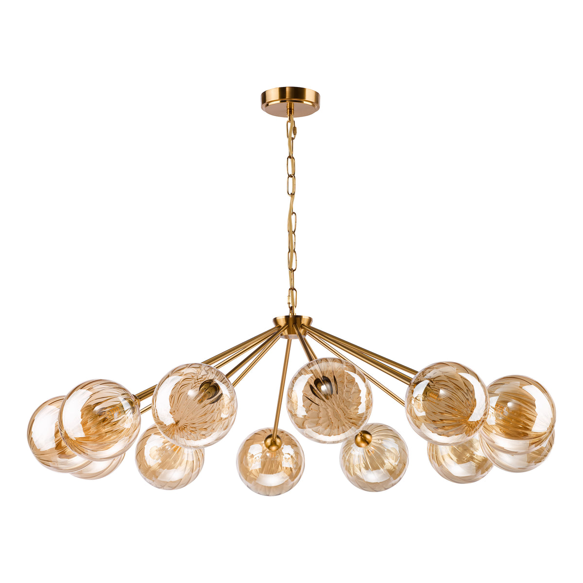Liora 12 Arm Pendant in Antique Gold with Amber Ribbed Glass Shades